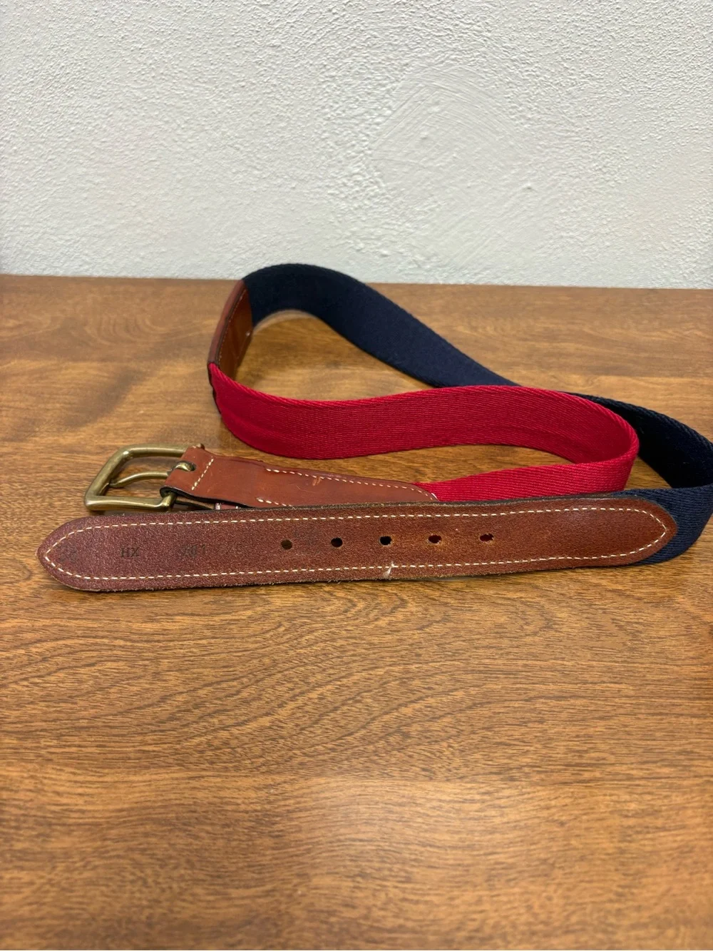 Tommy Hilfiger Vtg Canvas Belt Size 38 Red Navy Leather Preppy Americana